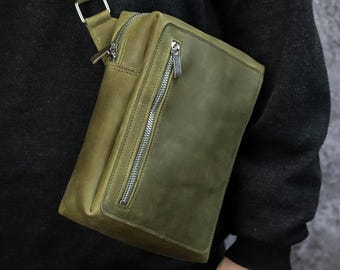 Vintage Crazy Horse Leather Crossbody Zipper Bag: Handmade Men's Shoulder Satchel