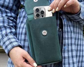 Handmade Crazy Horse Leather Crossbody Phone Wallet: RFID Blocking, Vertical Personalized Shoulder Purse
