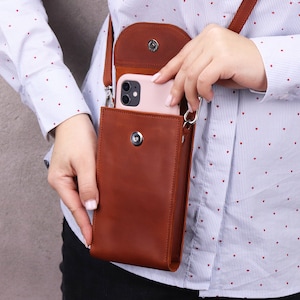 Leather Crossbody Bag for iPhone 15 Pro/Womens Shoulder Small Purse/Brown Crossbody Wallet/Shoulder Cell Phone Bag/Personalized Handmade Bag