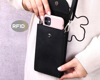 Handmade Crazy Horse Leather Crossbody Phone Bag: RFID Wallet With Detachable Strap, Custom Embossing
