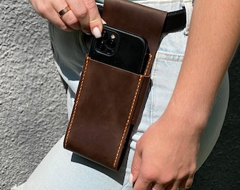 Crazy Horse Leather Phone Holster Belt Loop, Personalized, Custom Size Case For Any Phone