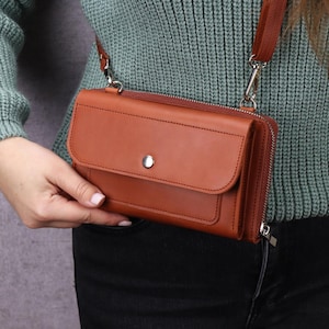 Cartera RFID de cuero hecha a mano para iPhone, bolso bandolera de cuero para iPhone Pro Max, cartera cruzada de cuero hecha a mano, bolso bandolera para teléfono