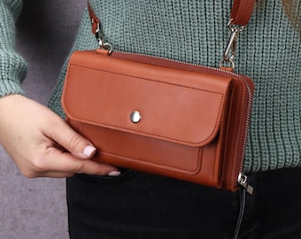 RFID Leather Crossbody iPhone Wallet Bag: Handmade Women's Zip Shoulder Purse & Front Phone Pocket
