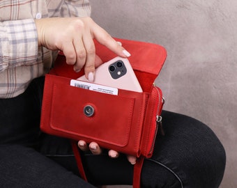 Small Crossbody Cell Phone Purse/Leather Shoulder Bag for iPhone 15/Crossbody Phone Wallet/Womens Phone Bag/Personalized Red Shoulder Clutch