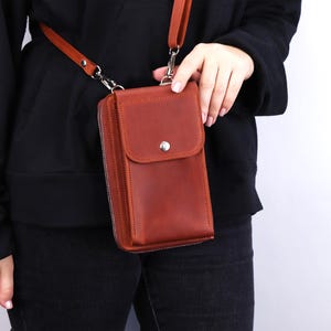 RFID Double Zip Crossbody Phone Wallet, Handmade Leather Shoulder Bag, Personalized Strap Travel Purse