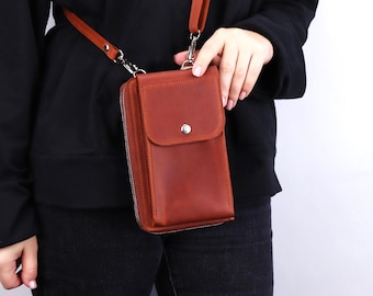 RFID Double Zip Crossbody Phone Wallet, Handmade Leather Shoulder Bag, Personalized Strap Travel Purse