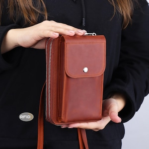 Cartera cruzada de cuero con doble cremallera y bloqueo RFID para teléfono, bolso bandolera para celular, cartera cruzada de cuero con doble cremallera, bolso pequeño para iPhone