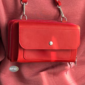 Dual Leather Crossbody Phone Wallet with Card Slots RFID blocking, Leather Shoulder Small Purse with Double Zip Around & iPhone Flap Pocket