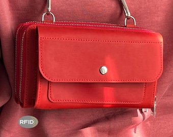 RFID Double Zip Leather Crossbody Phone Wallet: Organizer Clutch