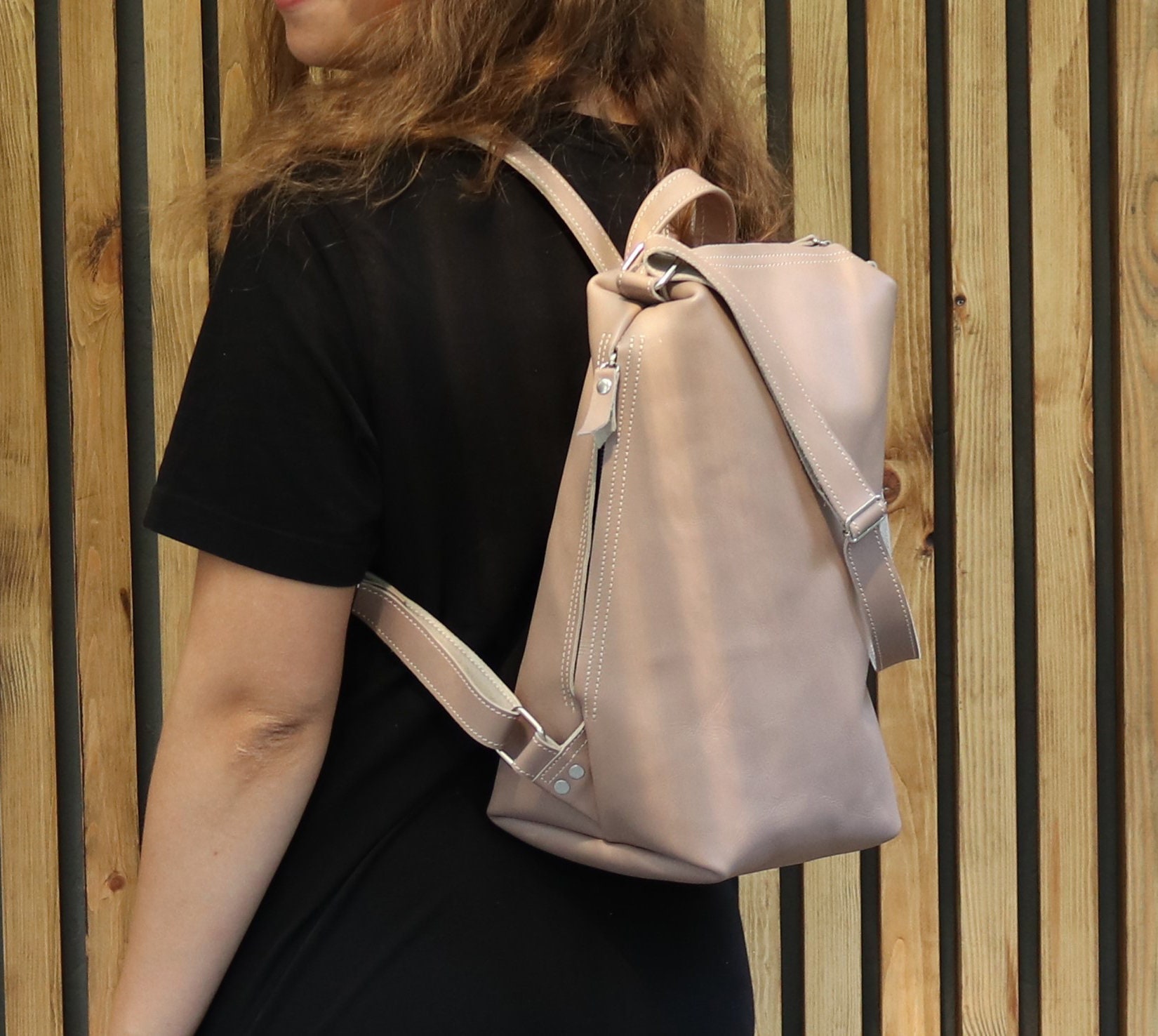 beige leather backpack bag Handmade Beige Leather Backpack: Women's Laptop Travel Bag
