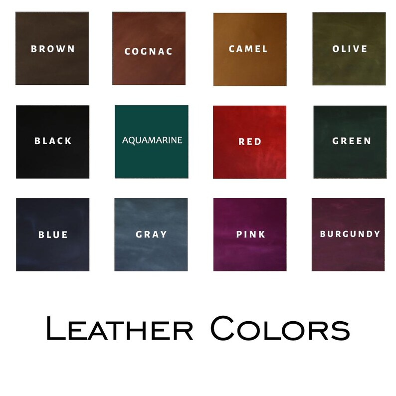 May include: A grid of twelve square leather color swatches labeled Brown, Cognac, Camel, Olive, Black, Aquamarine, Red, Green, Blue, Gray, Pink, and Burgundy. The text LEATHER COLORS appears at the bottom of this display of various material shades.