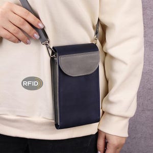 Bolso bandolera pequeño de cuero para iPhone hecho a mano con bloqueo RFID, monedero de cuero para teléfono con correa para el hombro, billetera cruzada de cuero personalizada