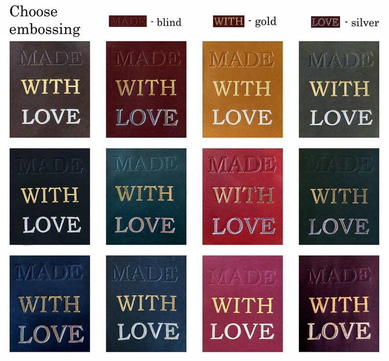 May include: A grid of twelve rectangular leather swatches in various colors, each embossed with the text MADE WITH LOVE. The text appears in blind, gold, or silver foil finishes, with a guide at the top indicating the choice of embossing style.