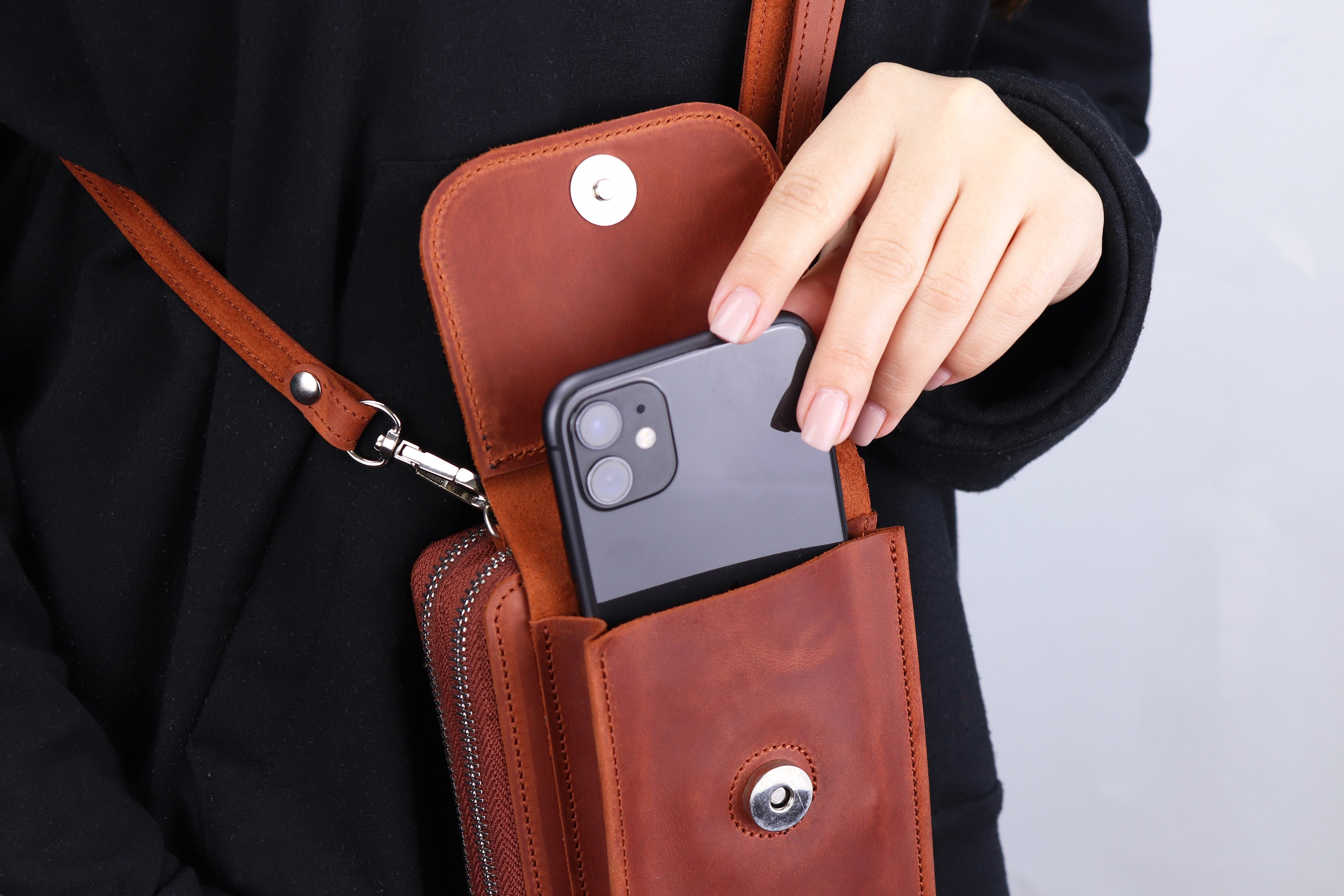 Leather Crossbody Bag for Phone | Minimalist Pocket with Long Strap