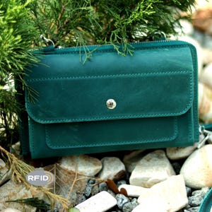 RFID blocking Leather Crossbody iPhone Wallet Bag, Shoulder Zipp Around Bag, Crossbody Small Bag With Pocket For Phone, Leather Wallet Purse
