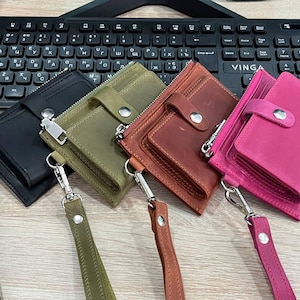 Leder Portemonnaie mit Handschlaufe, Leder Portemonnaie mit Handgelenksschlaufe, Handgefertigte Kartentasche aus Echtleder mit Handgelenksschlaufe