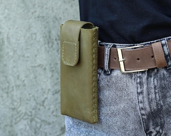 Handmade Leather Phone Flap Case with Belt Loop, Custom Size Smartphone Holster, Personalized Holder