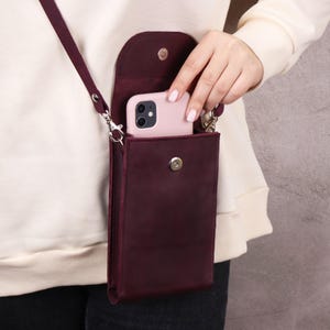 Crossbody RFID Blocking Leather iPhone Bag, Leather Women Crossbody Wallet, Burgundy Shoulder Wallet, Personalized Shoulder Smartphone Case
