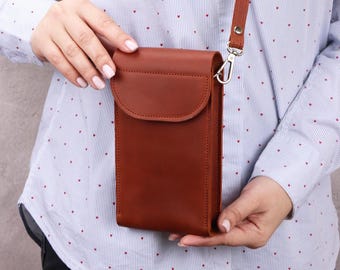 Personalized Leather Crossbody Phone Bag: Handmade RFID Wallet Purse With Detachable Strap, Custom Embossing