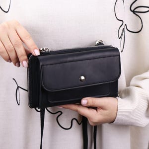 Handmade Leather Crossbody Cell Phone Bag: Black Zipper Wallet Purse