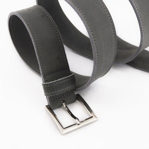 Handmade Gray Leather Men&#39;s Belt: Silver Buckle, Vintage Style