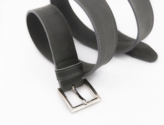Handmade Gray Leather Men's Belt: Silver Buckle, Vintage
