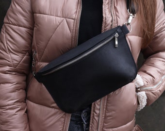 Leather Black Fanny Pack/ Hand-made Belt Bag/ Unisex Weist Bag/ Hip Bag/ Crossbody Womens Bag/ Festival Crossbody Mens Bag/  Small Sling Bag