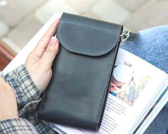 Handcrafted Leather RFID Blocking Crossbody Phone Wallet: Vertical Shoulder Travel iPhone Purse