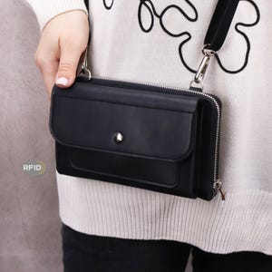 本革の小さなクロスボディジップフォンウォレットバッグ、ハンドメイドの小さなショルダージッパー付き財布バッグ＆携帯電話ポケット、RFIDブロックカードスロット付き