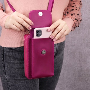 Cartera cruzada de cuero natural con doble cremallera y ranuras para tarjetas con bloqueo RFID, bolso de hombro de cuero con doble cremallera, monedero tipo billetera para iPhone