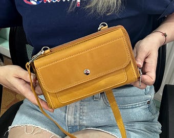 ハンドメイドクレイジーホースレザークロスボディバッグ：RFIDショルダーウォレット、財布、携帯電話ポケット、パーソナライズされたエンボス加工