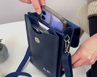 Handmade Leather Crossbody Verticale Bag For Two Phones: RFID Dual iPhone Wallet, Custom Embossing