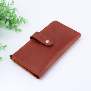Cartera larga de cuero hecha a mano / Tarjetero marrón / Cartera personalizada para iPhone 15/16 / Cartera de mujer de cuero / Monedero de cuero con cremallera