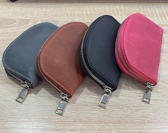 Minicartera con cremallera de cuero Crazy Horse hecha a mano: Monedero con cremallera, 4 ranuras para tarjetas.