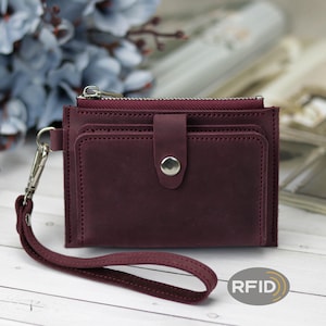 Personalized Small Leather Wallet with Wrist Strap, Leather Card Slots Holder with RFID Blocking, Leather Zippered Wallet with Wrist Strap