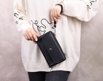 Handmade Leather Crossbody Phone Wallet: RFID, Embossed Initials, Shoulder Zipper iPhone Wallet, Purse Organizer