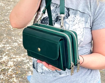 RFID Double Zip Crazy Horse Leather Crossbody Phone Wallet: Handmade Personalized Organizer Clutch