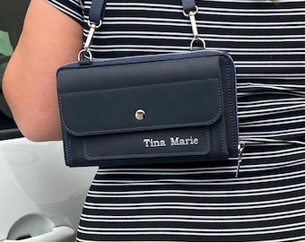 RFID Leather Crossbody Wallet Purse: Embossed Shoulder Zippered iPhone Bag, Crazy Horse Travel Clutch