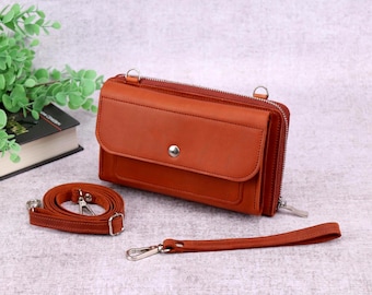 RFID Leather Crossbody Wallet Purse: Embossed Shoulder Zippered iPhone Bag, Crazy Horse Travel Clutch