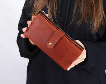RFID Handmade Crazy Horse Leather Long Clutch Wallet: Zipper Pocket, Personalized Phone Purse