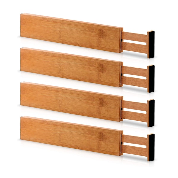 4 pcs Bamboo Kitchen Drawer Dividers,Adjustable Drawer Organizers,Expandable Utensil Organizer Separators for Kitchen,Dresser,Bedroom,Office