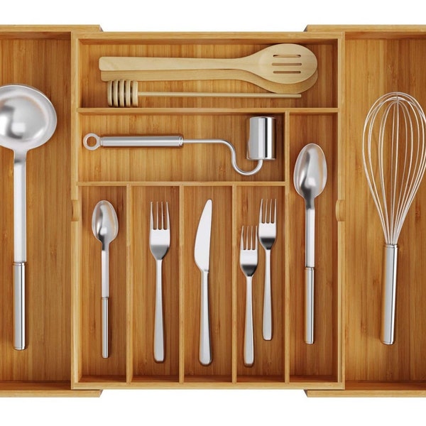 Bamboo Kitchen Drawer Organizer,Expandable Silverware Organizer,Adjustable Cutlery Tray Desk,Utensil Holder Kitchen Knives Tray Drawer