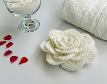 Crochet White Rose Bath Pouf: Handmade cotton Exfoliating Scrubber