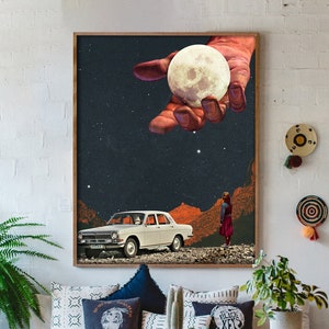 Moon in the Hand | Surreal Art Print, Vintage Poster, Retro Art, Home Decor, Surreal Collage, Trippy Art, Surreal Print, Collage Art