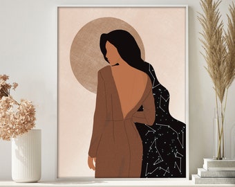 Boho Woman Art, Female Portrait, Modern Woman Boho Poster, Boho Wall Decor, Feminist Art, Earth Tone Art, Woman Illustration