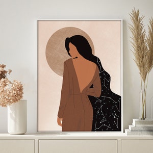 Boho Woman Art, Female Portrait, Modern Woman Boho Poster, Boho Wall Decor, Feminist Art, Earth Tone Art, Woman Illustration