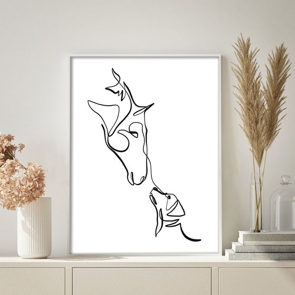Horse Art Print, Dog Wall Decor, Digital Line Art, Single Line Drawing, Horse Gift Ideas, Gift for Her, Horse Drawing Line Art