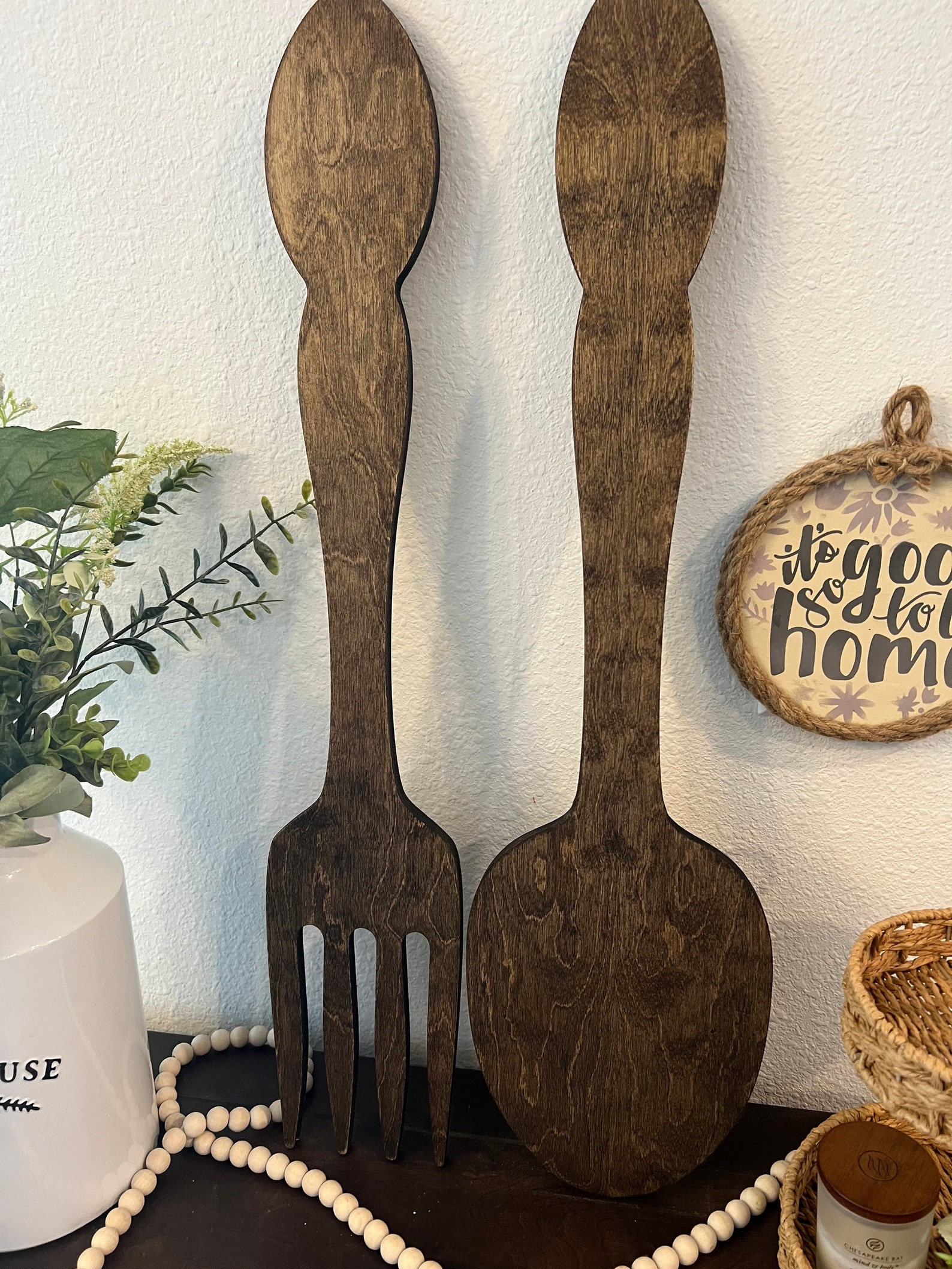Large Wood Fork Spoon and Knife Set, Kitchen Decor, Wall Decor, Large