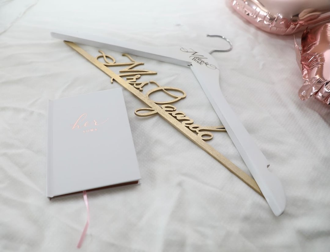 SET OF TWO Wedding Hanger Engraved with Date, Bridal Shower Gift, Mrs Hanger, Bride Hanger, Wedding Shower Gift for Bride, Groom hanger - White, Gold