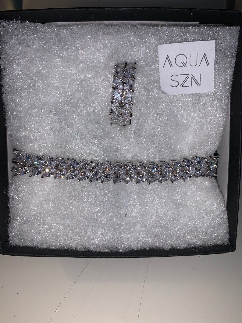 Platinum Rose Gold Leaf diamond Bracelet /& leaf diamond cut Ring Set